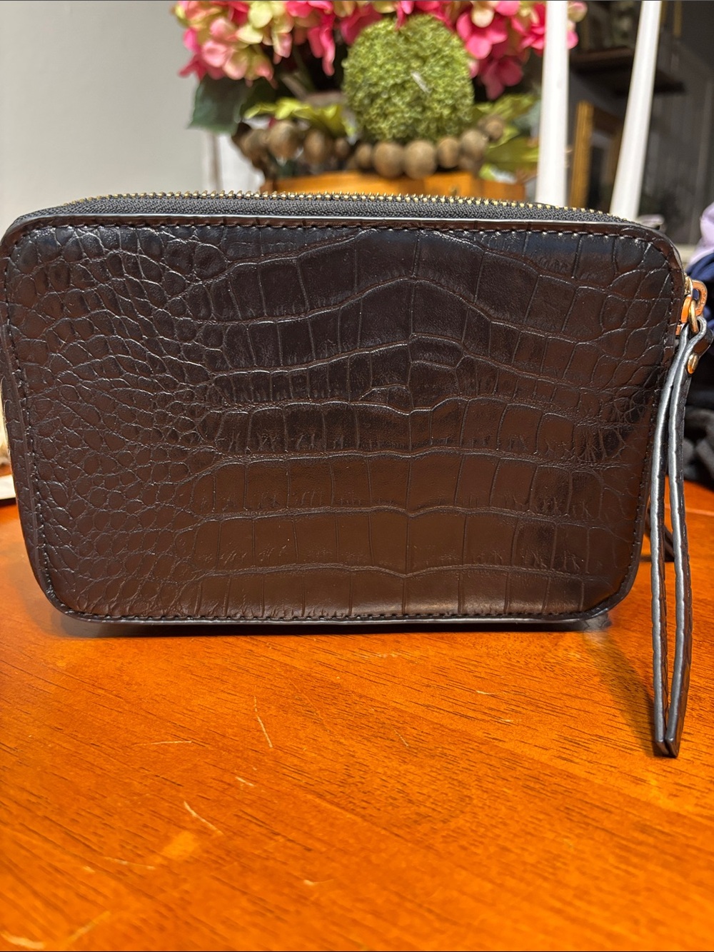 H&M Dark Brown Croc-Embossed Toiletry Wrist Pouch